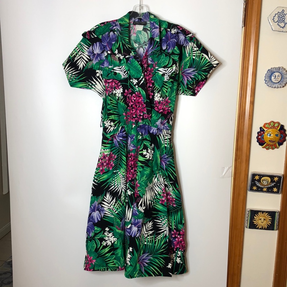Vintage Jenny Petites Womens Dress Floral Short Sleeve Cross Front Dress Size 10
